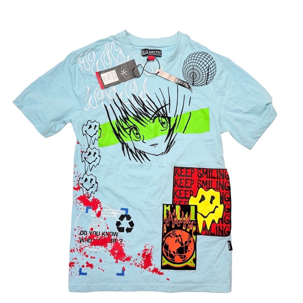 NWT Black Pike Anime Cyber Y2K Streetwear Blue Graphic Tee Mens Small Smiley